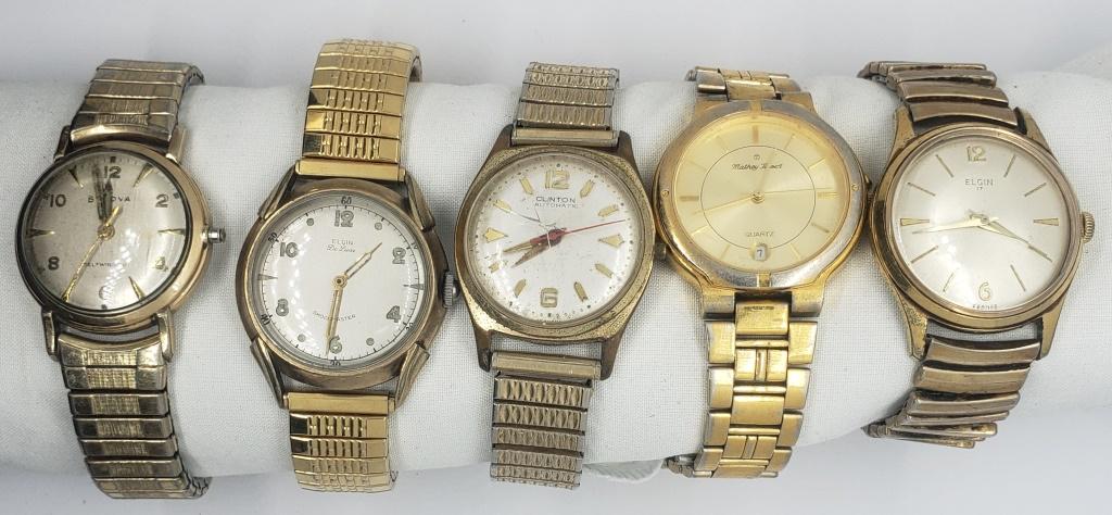 5-MENS VINTAGE WRIST WATCHES: ELGIN, CLINTON (RUNS - CRYSTAL CRACKED), MATHEY TISSON (MISSING BACK), ELGIN DELUX, BULOVA (MISSING WINDING BUTTON) - (NOT RUNNING UNLESS MENTIONED- NO MISSING PARTS UNLESS MENTIONED)