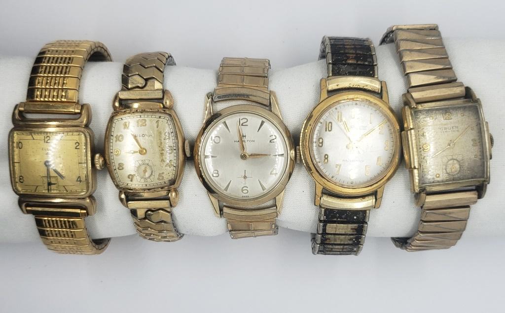 5-MENS VINTAGE WRIST WATCHES: ELGIN, BULOVA, HAMILTON (RUNS), JUBILEE, GRUEN - (NOT RUNNING UNLESS MENTIONED- NO MISSING PARTS UNLESS MENTIONED)