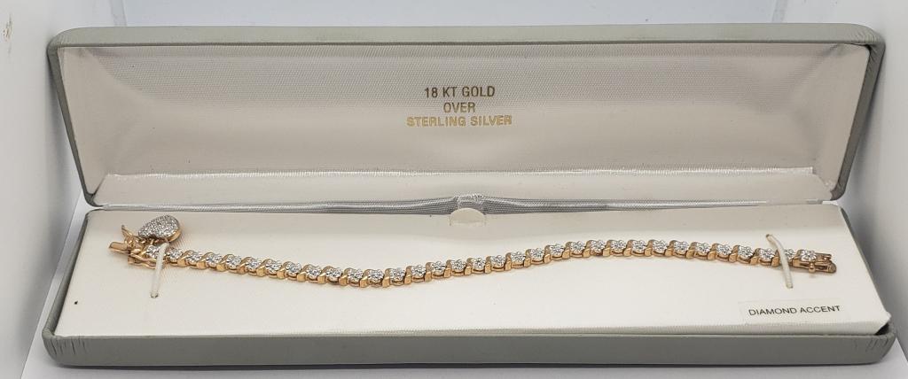 NIB! 18K OVER 925 TENNIS BRACELET WITH HEART: CHARM. DIAMOND ACCENTS. TOTAL 7.6 DWT