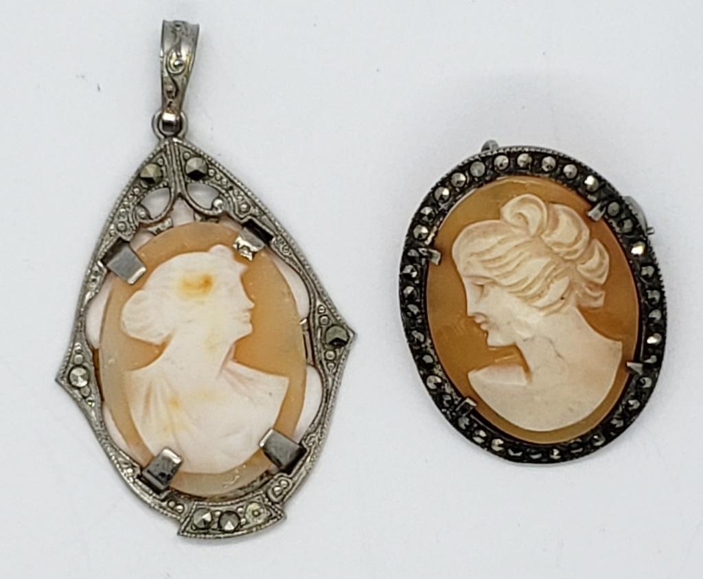 STERLING CAMEO LOT: (1)BROOCH (1)PENDANT: WITH SEASHELL BACKROUND-MARCASITE ACCENTS. TOTAL 3.6 DWT