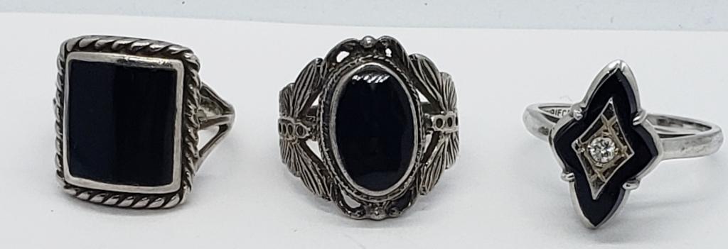 3-VINTAGE STERLING RINGS WITH BLACK ONYX: INLAY DESIGN. TOTAL 10.3 DWT. VARIOUS SIZES 6-8.