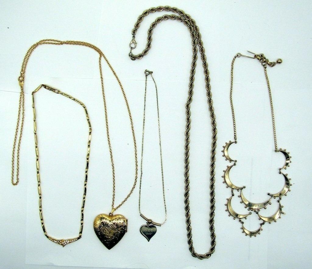 5 GOLD TONE NECKLACES-LOCKET-HEART: BID NOW