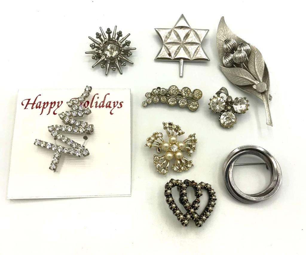 9 SILVER TONE BROOCHES: REGISTER TO BID TODAY!