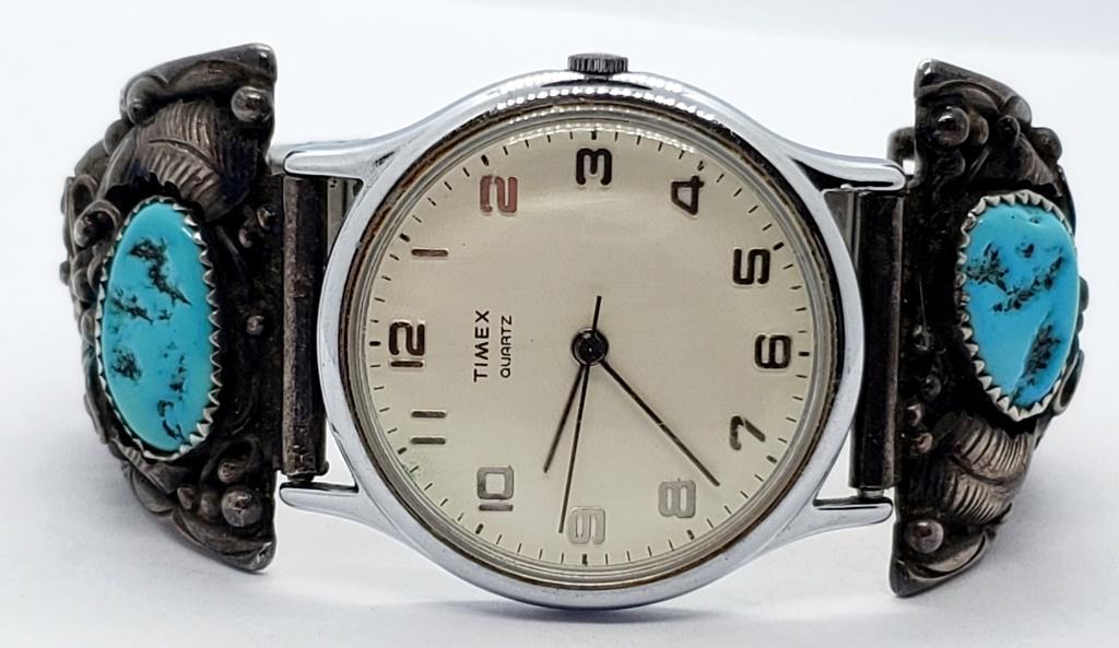 LUCY C NAVAJO WATCH TIPS & WATCH: BEAUTIFUL DESIGN WITH TURQUOISE & CORAL & CLASSIC LEAFS - TIMEX WATCH NEEDS BATTERY (36.3 dwt)
