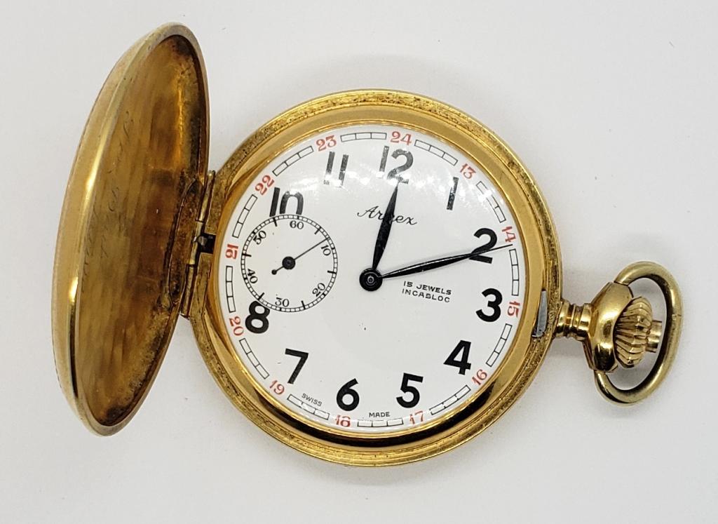 VINTAGE ARNES "ANCRE DE PRECISION": GOLD TONED POCKET WATCH, 15 JEWELS INCABLOC SWISS MADE - NOT RUNNING