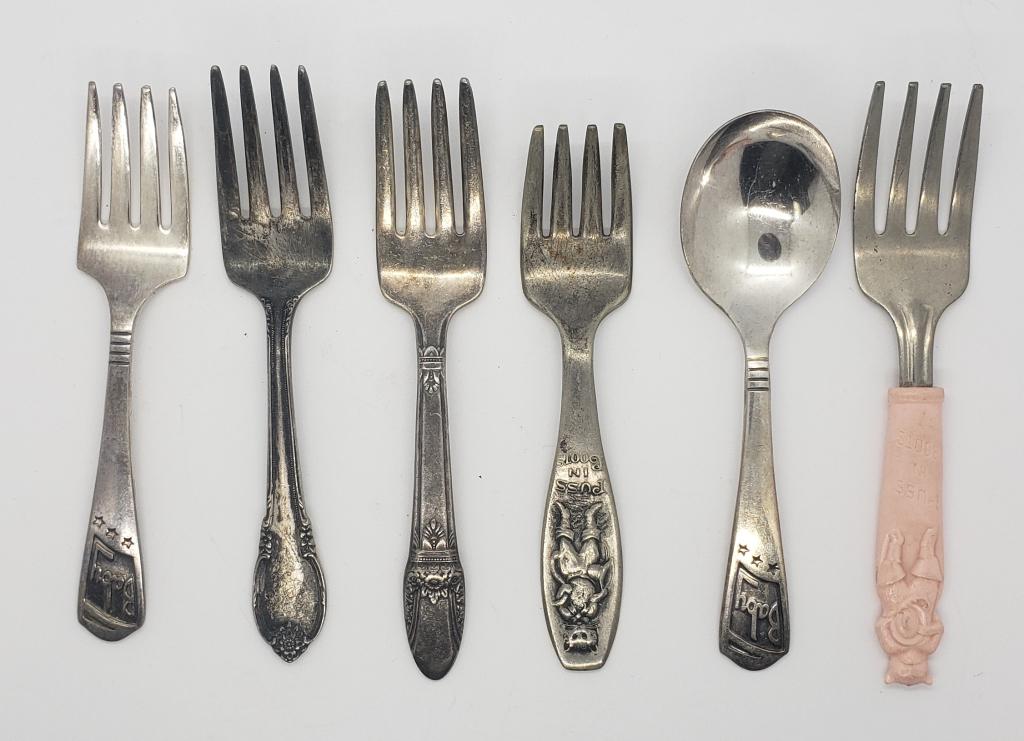 BABY SPOON & FORK plus 4 BABY FORKS: (2) PUSS n BOOTS