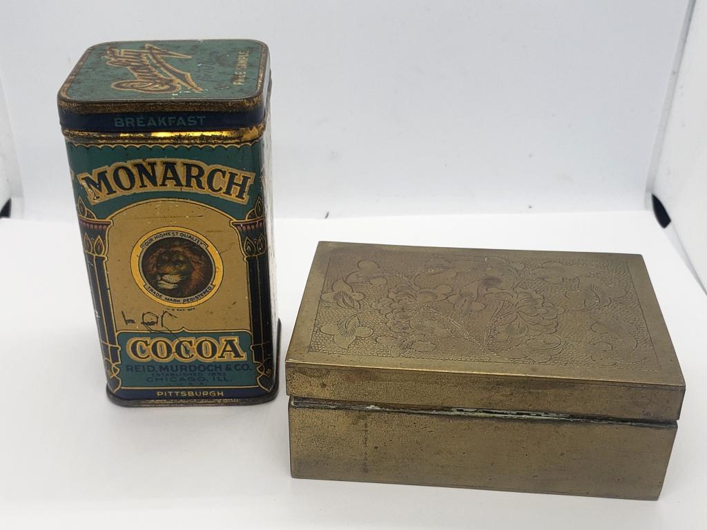 VTG MONARCH COCOA TIN & BRASS: KEEPSAKE BOX