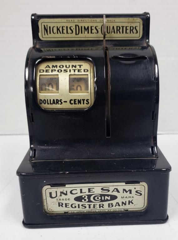 VTG UNCLE SAM'S REGISTER BANK 3 COIN: SLOTS NOT WORKING - NICE CONDITION - SOUNDS LIKE FEW COINS INSIDE?