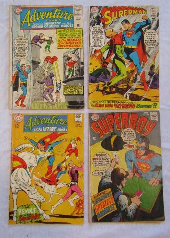 3-1968 DC COMICS: #205 SUPERMAN, #148 SUPERBOY,: #354 ADVENTURE COMICS & 1965 #338 ADVENTURE COMICS (missing first page) (Superboy has yellow paint on front cover)