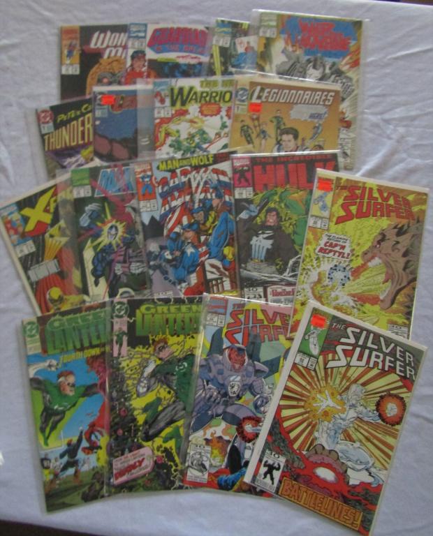 EARLY 90s MARVEL & DC COMIC LOT ( 17 ): ALL DIFFERENT: 3-SILVER SURFER, 2-GREEN LANTERN, HULK, CAPT AMERICA, DARKHAWK, X-FORCE, 8-OTHER ACTION COMICS - ALL IN SLEEVES & NICE