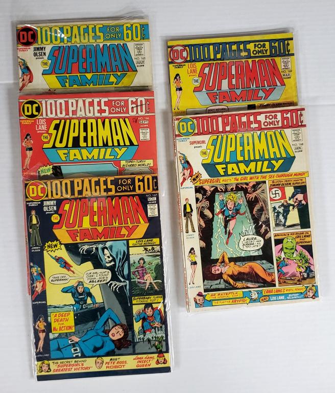 5-DC SUPERMAN FAMILY COMICS 60c ISSUES: 1974 #165, 166, 167 - 1975 #169 - ALL IN SLEEVES - NICE CONDITION