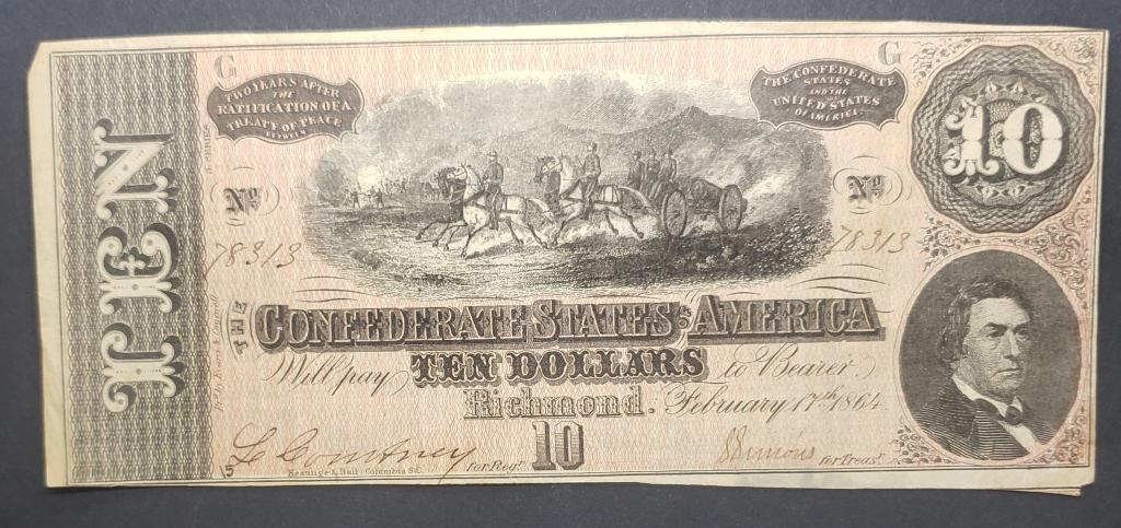 1864 $10 CONFEDERATE STATE of AMERICA: OBSOLETE NOTE