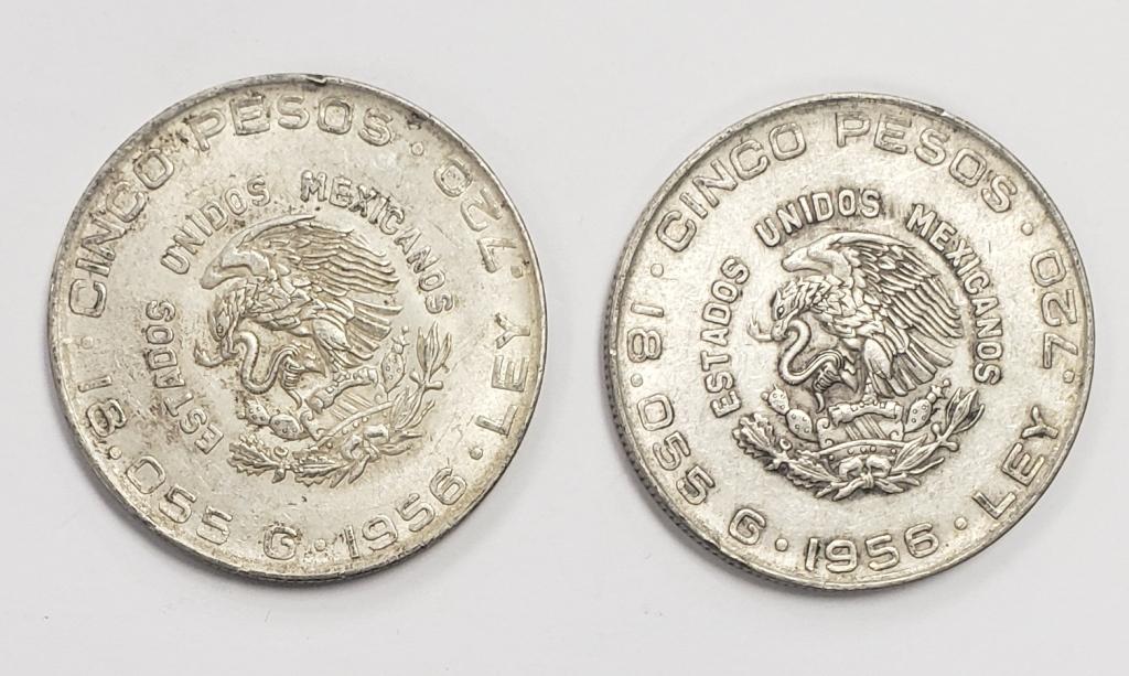 2-MEXICO SILVER CINCO PESOS COINS: BOTH 1956 LEY .720
