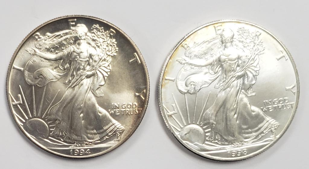 2 - 1998 and 1994 American Silver Eagles 1 oz 999 (1 of 2)