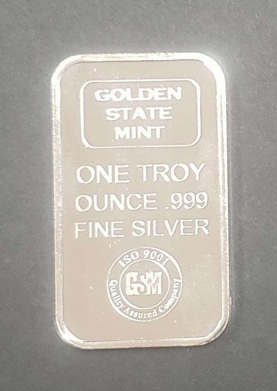 GOLDEN STATE MINT 1ozt .999 SILVER BAR: ONE TROY OUNCE FINE SILVER