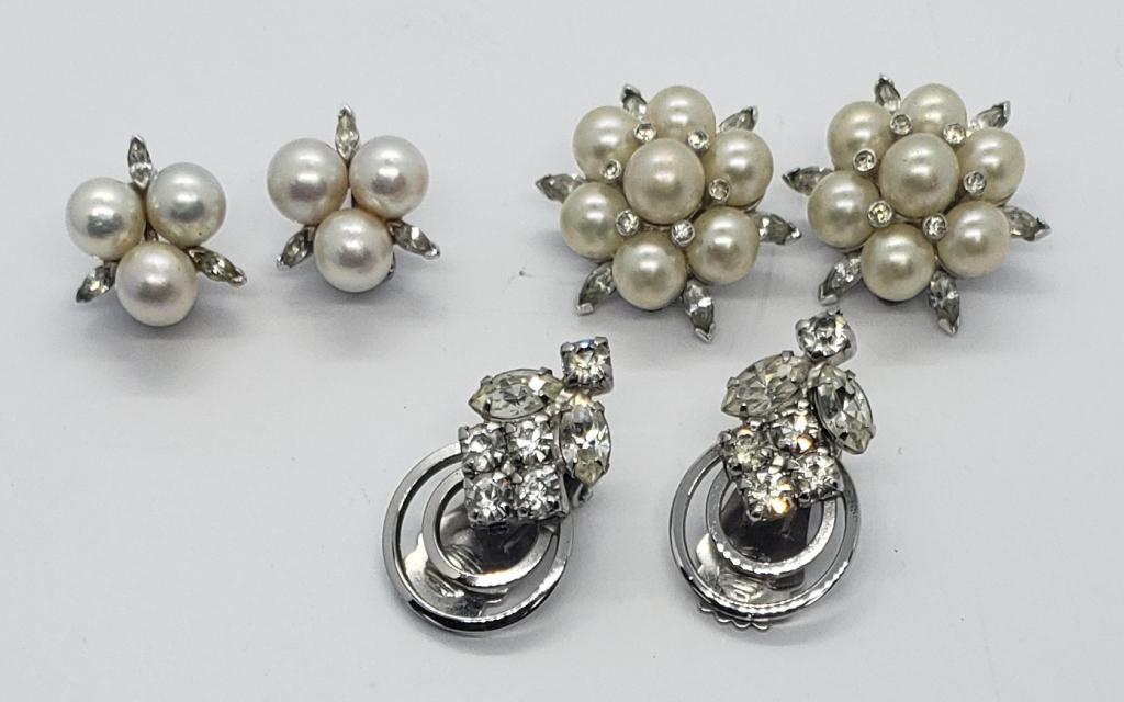 3-VTG EARRING SETS: PAT 1967965: THREE PEARL / RHINESTONE SET; JOMAZ FAUX PEARL/RHINESTONE SET; UNMARKED RHINESTONE SET