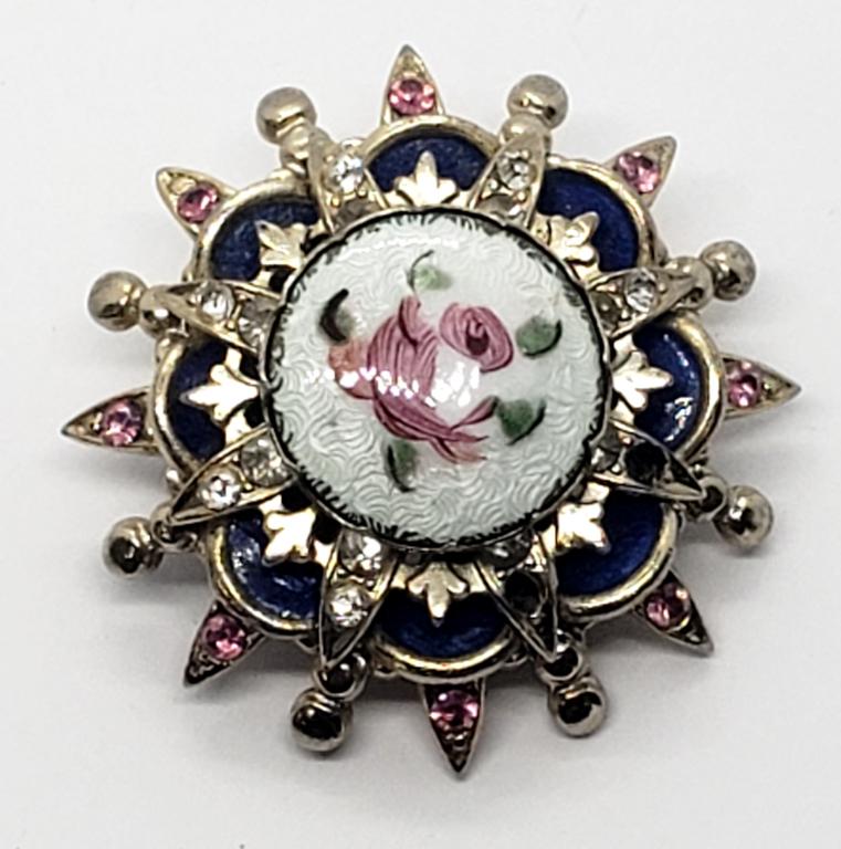 Vintage Signed Coro Guilloche Enamel Rose Pin: MISSING (2) RHINESTONES