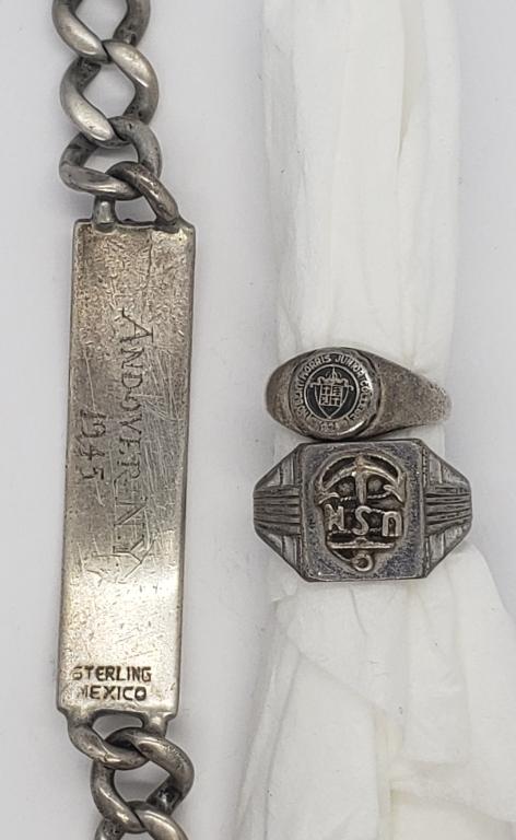 USN STERLING RING SIZE 8, 1921 ROBERT MORRIS: JUNIOR COLLEGE STERLING RING SIZE 6, STERLING MEXICO ID BRACELET (31.8 dwt)