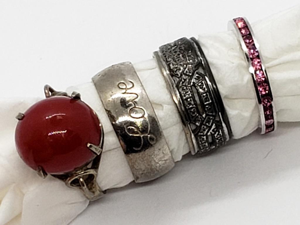 4-STERLING LADY RINGS (1) VTG w/RED STONE: SIZE 7, PINK STONE BAND SIZE 6, MARCASITE SIZE 6, LOVE BAND SIZE 8 (8.9 dwt)