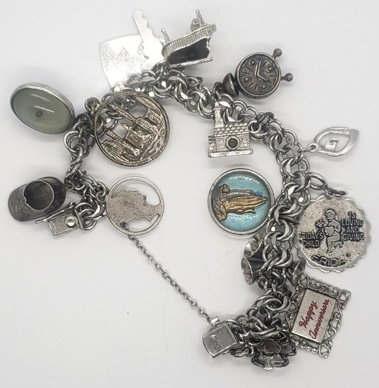 STERLING CHARM BRACELET w/15 CHARMS (1 of 2)