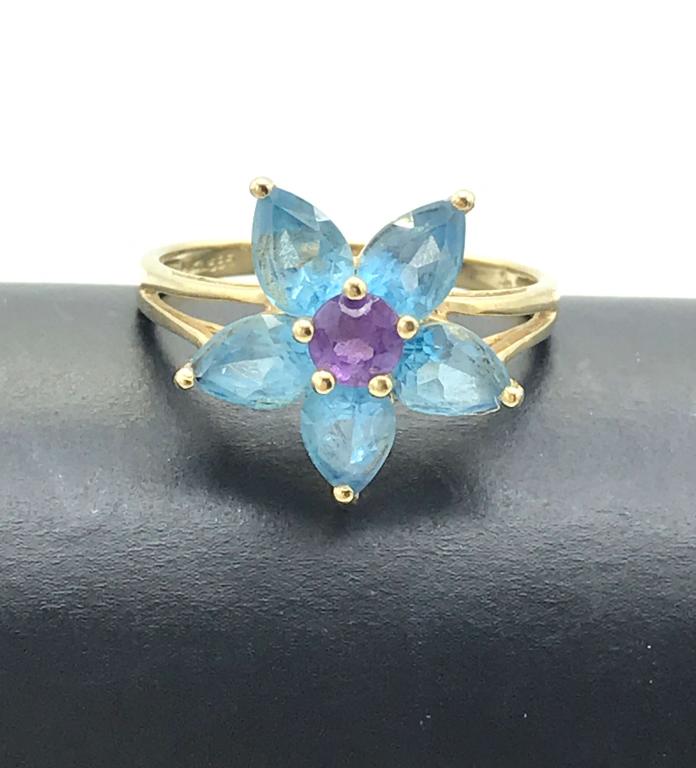 14K GOLD FLOWER RING BLUE & PURPLE SZ 7.5 (1 of 4)