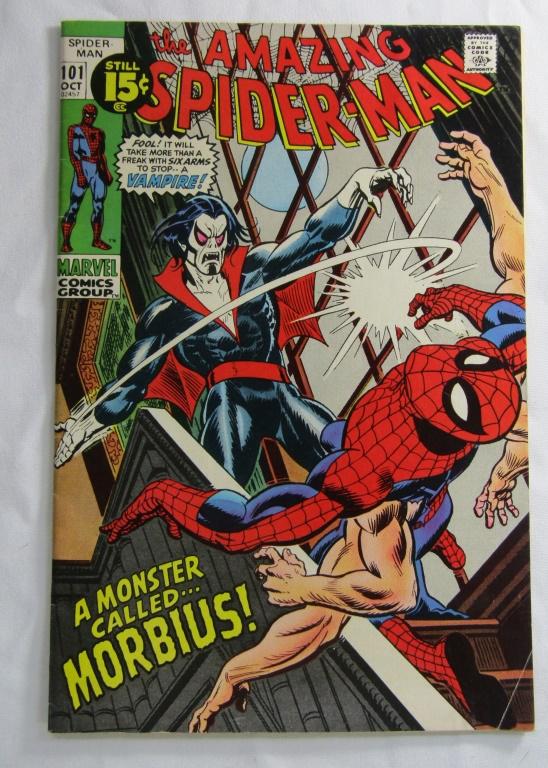 Marvel The Amazing Spiderman #101 -1st App. Morbio: Marvel Comics 15c. Bronze Age. 1st Appearance of Morbius. Off-White to White Pages. Front lower right corner fold. Should still grade high. No Rips or tears. 1st printing 1971.