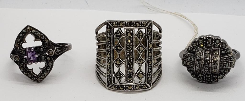 3-VINTAGE STERLING MARCASITE RINGS: VARIOUS SIZES 9-12. TOTAL 13.2 DWT