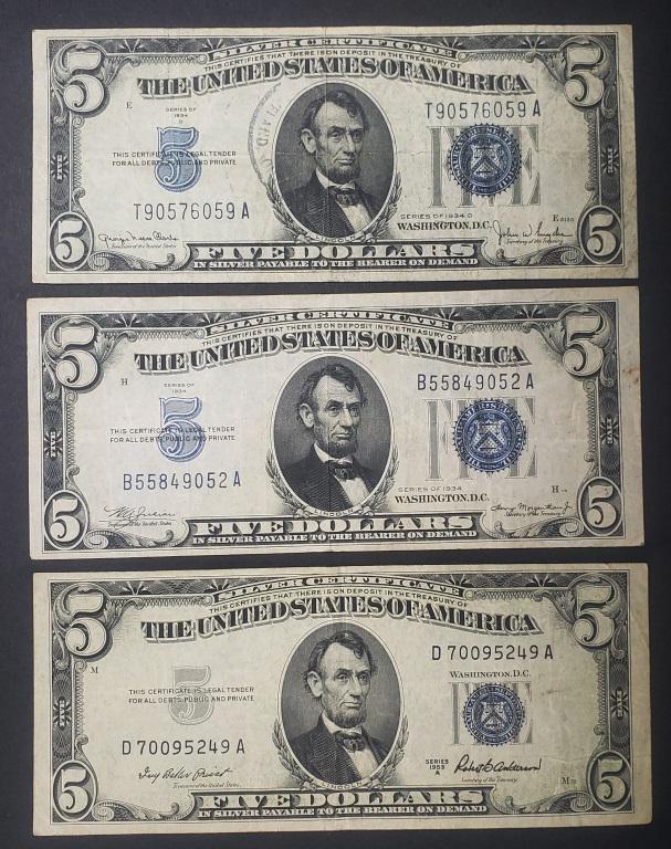 (3) $5 SILVER CERTIFICATES (2) 1934's (1) 1953 (1 of 2)