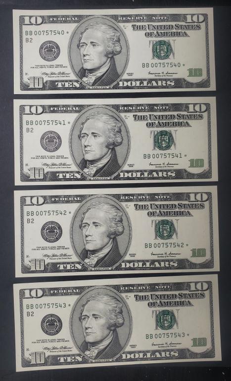 (4) 1999 $10 "STAR NOTE" "CONSECUTIVE #" (1 of 2)