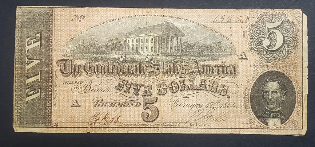 1864 $5 CONFEDERATE NOTE (1 of 2)