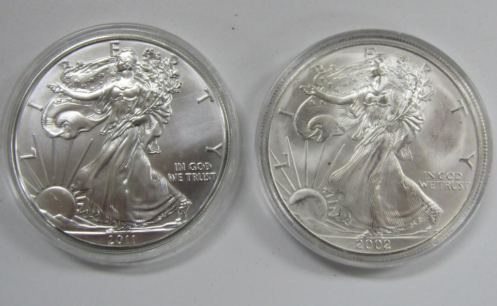 2 - 2011 and 2002 American Silver Eagles 1 oz 999 (1 of 2)