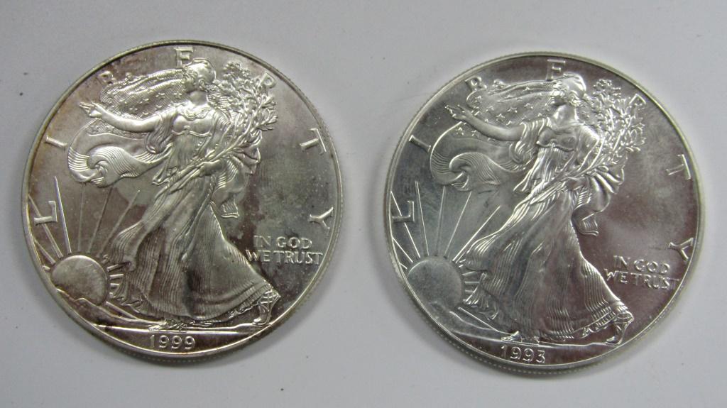 2 - 1993 and 1999 American Silver Eagles 1 oz 999 (1 of 2)
