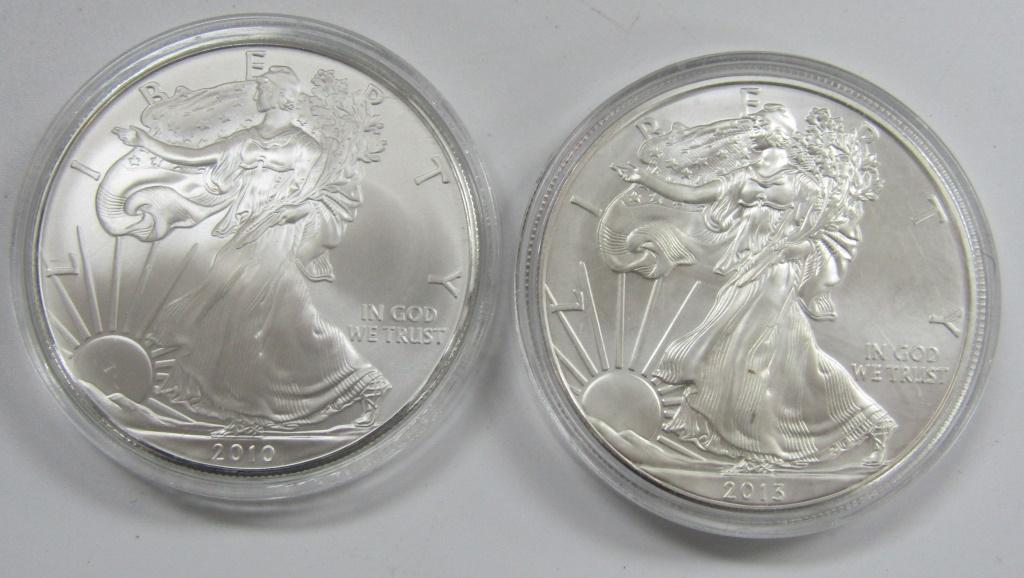 2 - 2010 and 2013 American Silver Eagles 1 oz 999 (1 of 2)
