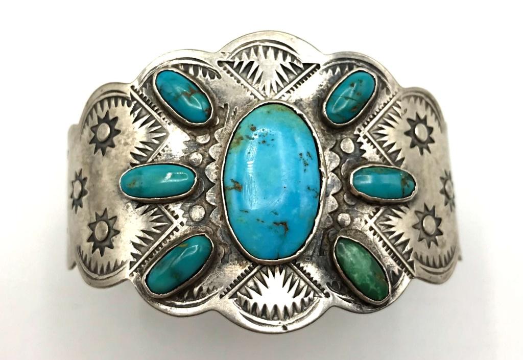 TURQUOISE STERLING BANGLE DETAILED NAVAJO (1 of 7)