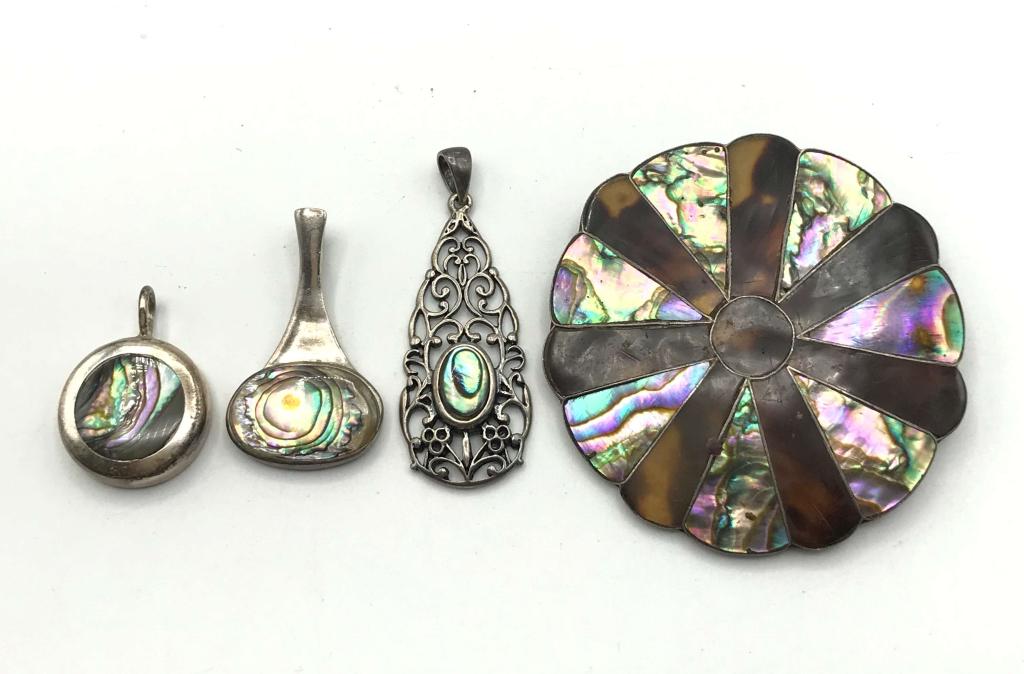 ABALONE LOT- 1 BROOCH, 3 PENDANTS: STERLING BROOCH CAN BE USED AS PENDANT ALSO, 14.8 DWT TOTAL