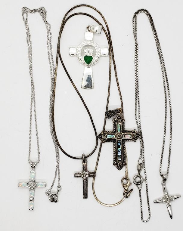 (5) STERLING CROSS PENDANTS w/ 3 CHAINS (1 of 8)