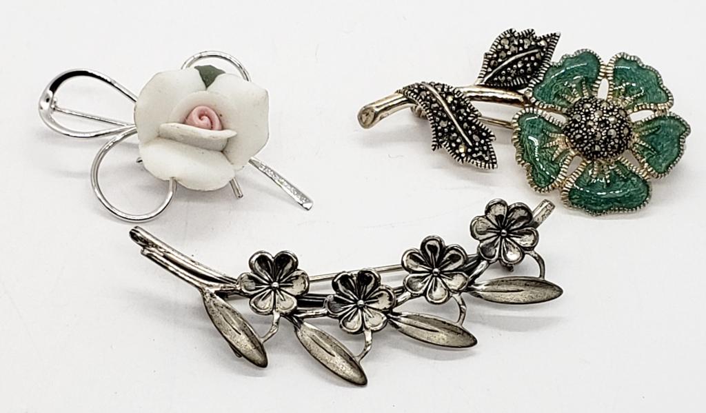 (3) VTG STERLING PINS: PORCELAIN ROSE, (1 of 6)