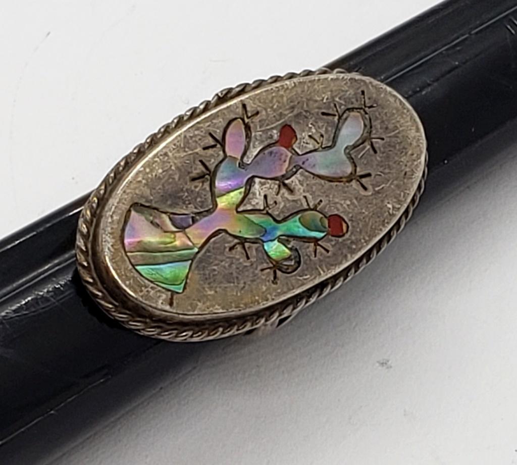 TAXCO STERLING RING WITH ABILONE CACTUS INLAY: DESIGN. RING SIZE 6.5 TOTAL 4 DWT