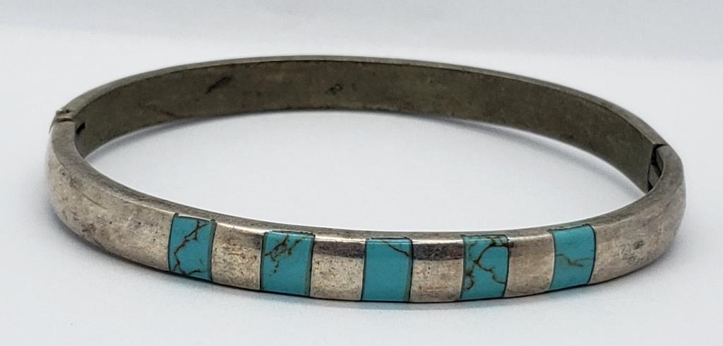NAVAJO STERLING HINGED BANGLE WITH TURQUOISE (1 of 6)