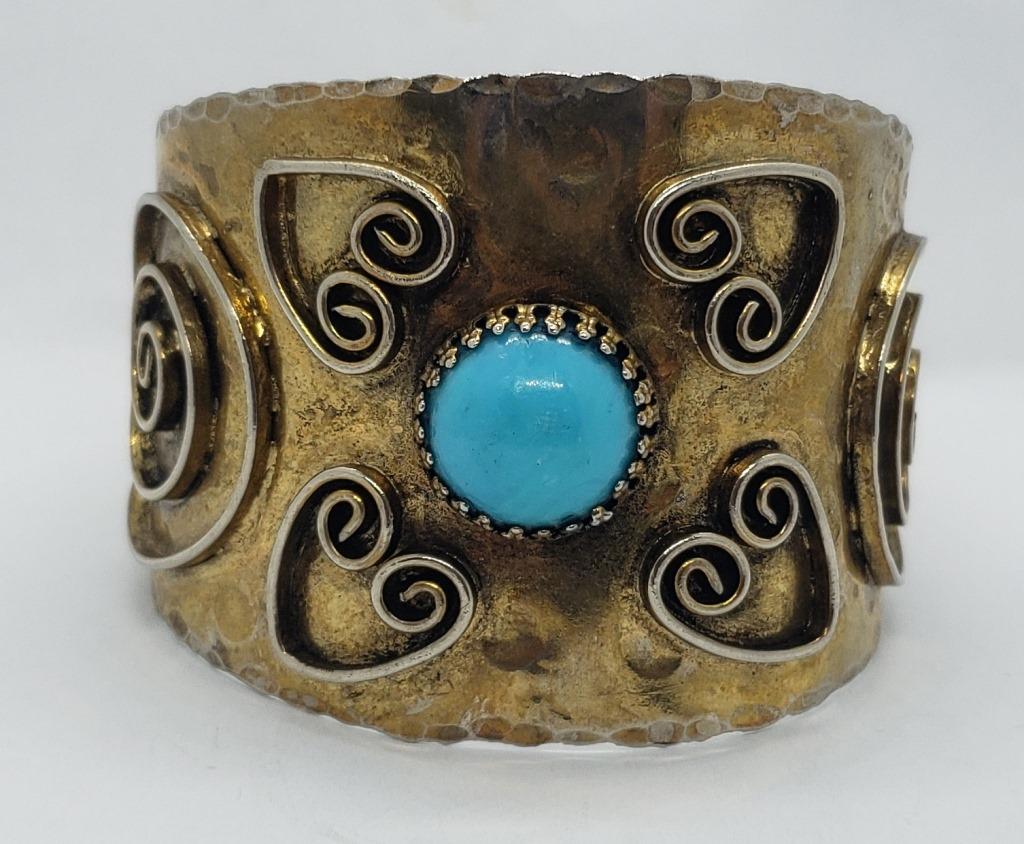 THICK CUFF BRACELET WITH TURQUIOSE BEAD: CENTER-CHECK OUT THE DESIGN!!