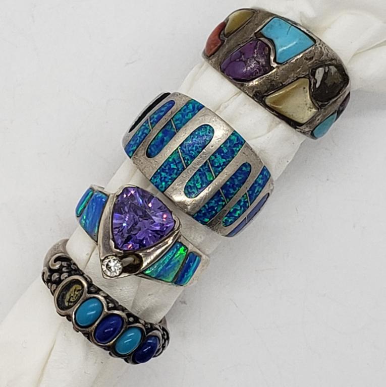 (4) STERLING RINGS w/INLAY STONES: ALL NEED LIGHT REPAIR SIZES 8-10 (18.6 DWT)