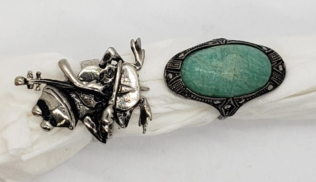 STERLING JADEITE / MARCASITE RING: SIZE 4 STONE HAS LIGHT FRACTURE (3.6 DWT) & FROG RING NOT STERLING ADJUSTABLE