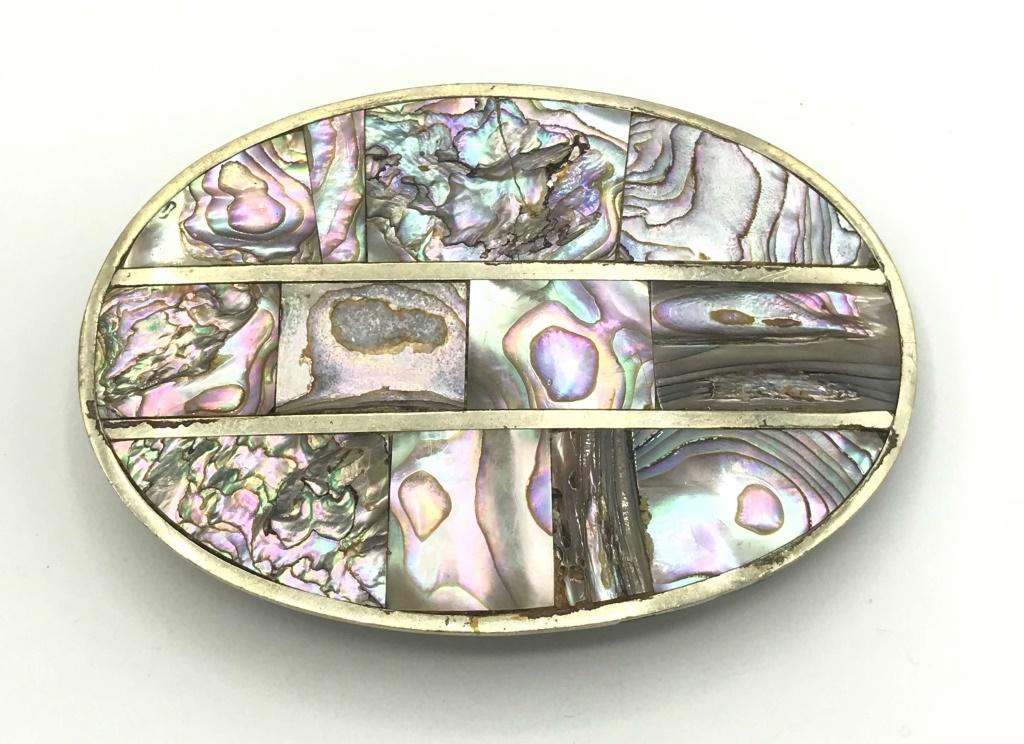 HENCH EN ABALONE BELT BUCKLE MEXICO: UNSURE IF THIS PIECE IS STERLING - MARKED MEXICO