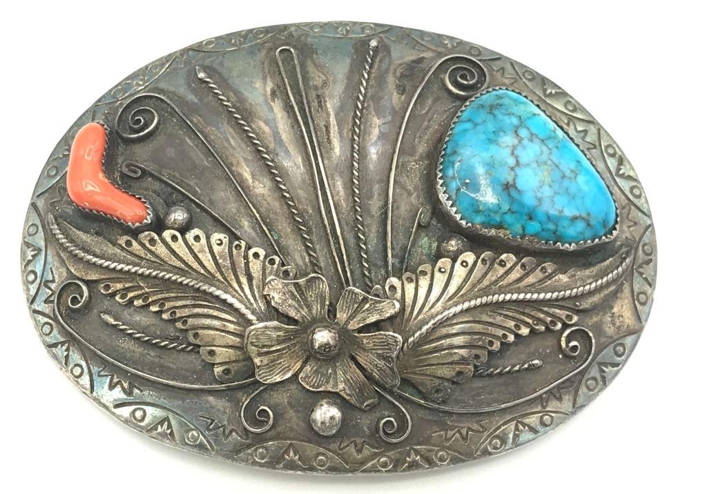 "AL" STAMPED NAVAJO BELT BUCKLE CORAL/TURQ: BEAUTIFULLY HAND MADE BELT BUCKLE MARKED "AL" AS SEEN IN PHOTOS CONTAINS A TURQUOISE STONE AND A CORAL STONE HEAVY PIECE- 72.5 DWT TOTAL