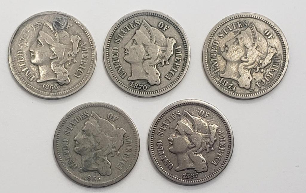 5 diff DATE THREE CENT NICKELS - CIRC (1 of 2)