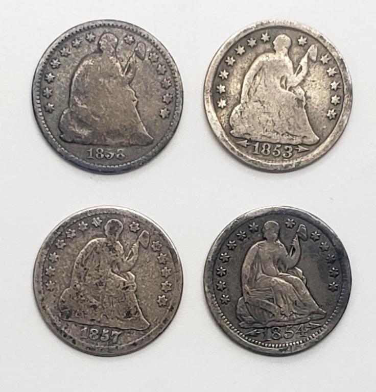 4 diff HALF DIMES 1853 ARROWS, 1854, 1857, 1858 (1 of 2)