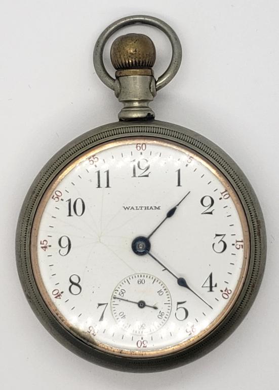 Antique Waltham Pocket Watch - Grade Sterling 7 Je: Size 18. Serial No. 16751338. Made 1908. Chip on the crystal. Some hairlines on the dial. Runs