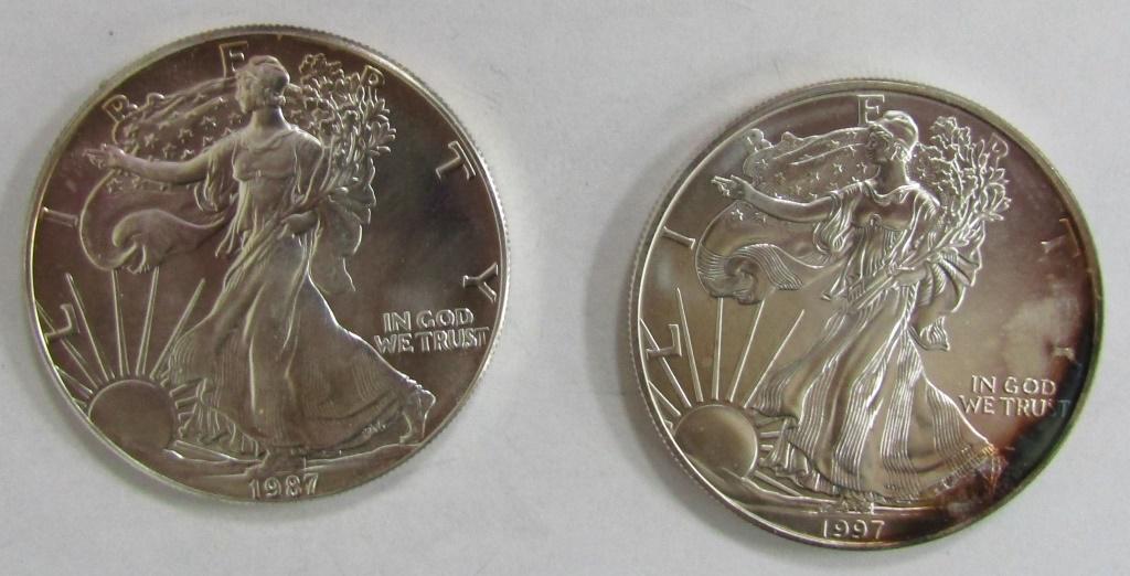 2 - 1987 and 1997 American Silver Eagles 1 oz 999 (1 of 2)