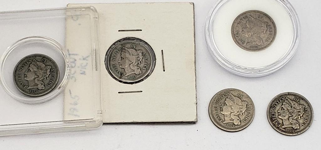 5-DIFF THREE CENT NICKELS (1 of 2)