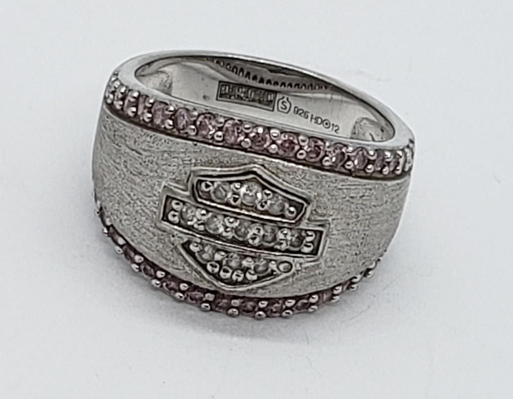 HARLEY DAVIDSON LADIES STERLING RING: w/PINK STONE ACCENTS - SUPER COOL -SIZE 6.5 (3.7 DWT)